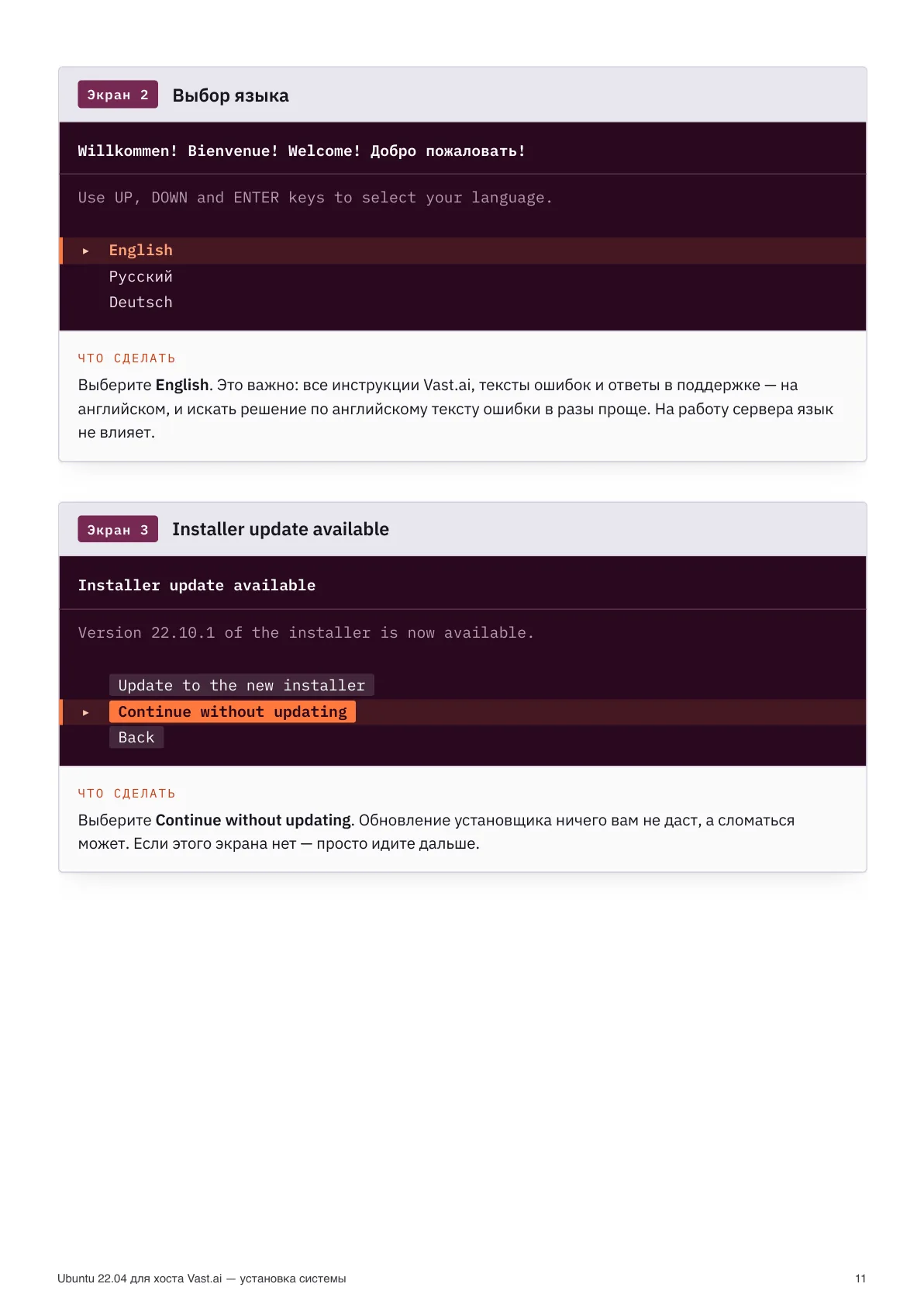 English language and skipping the installer update